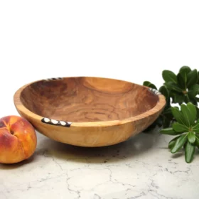 Hand Carved Wood Bowl with Bone Inlay