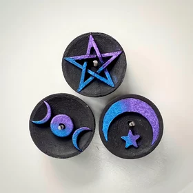 Black tealight candles with witchy symbols, purple and blue ombré ~ triple moon, star and moon, pentagram ~ 6-pack