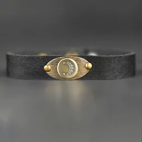 Pave Moon Cast Leather Stacker Cuff W Delicate Crystals